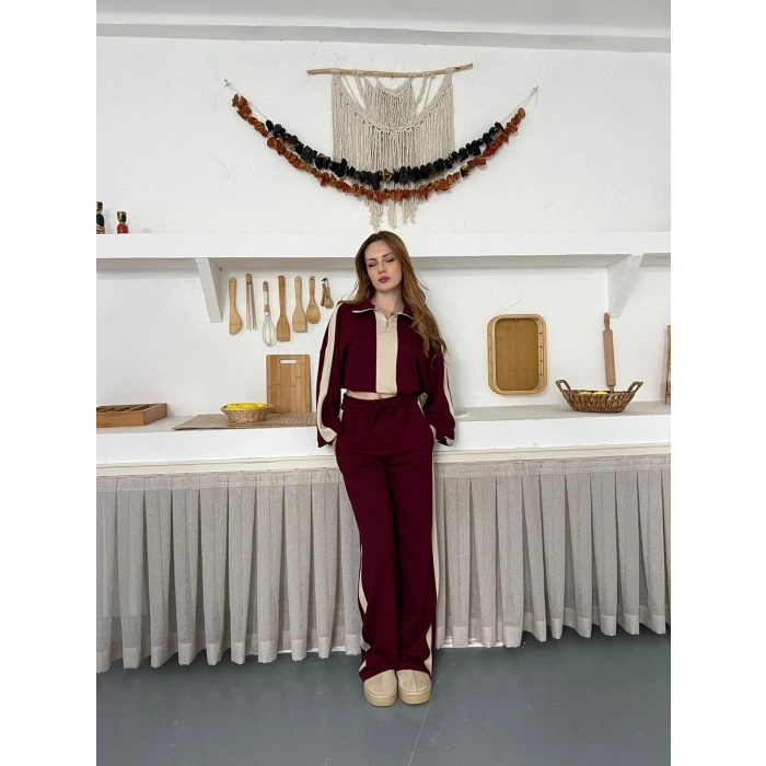 Yarım Fermuar Detaylı Şeritli Takım Bordo