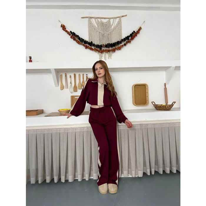 Yarım Fermuar Detaylı Şeritli Takım Bordo