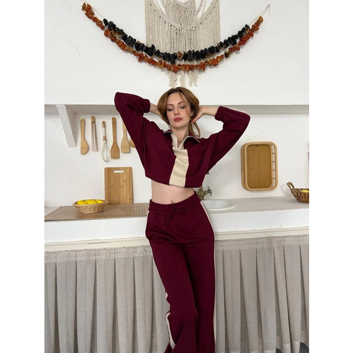 Yarım Fermuar Detaylı Şeritli Takım Bordo