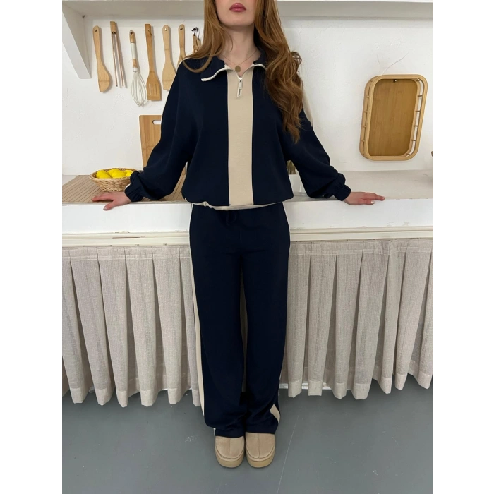 Yarım Fermuar Detaylı Şeritli Takım Lacivert