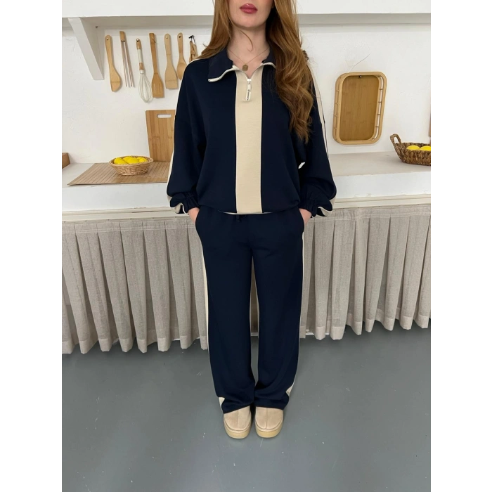 Yarım Fermuar Detaylı Şeritli Takım Lacivert