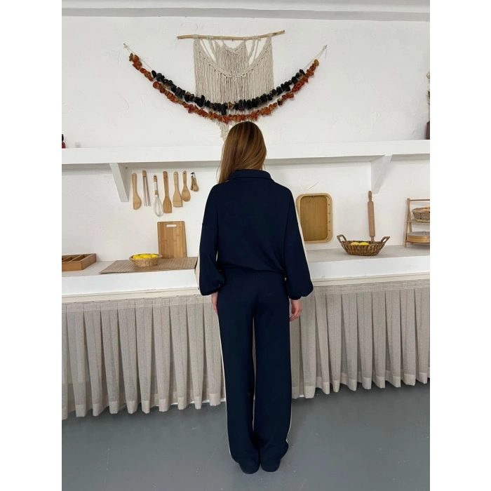 Yarım Fermuar Detaylı Şeritli Takım Lacivert