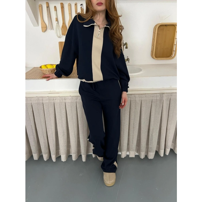 Yarım Fermuar Detaylı Şeritli Takım Lacivert