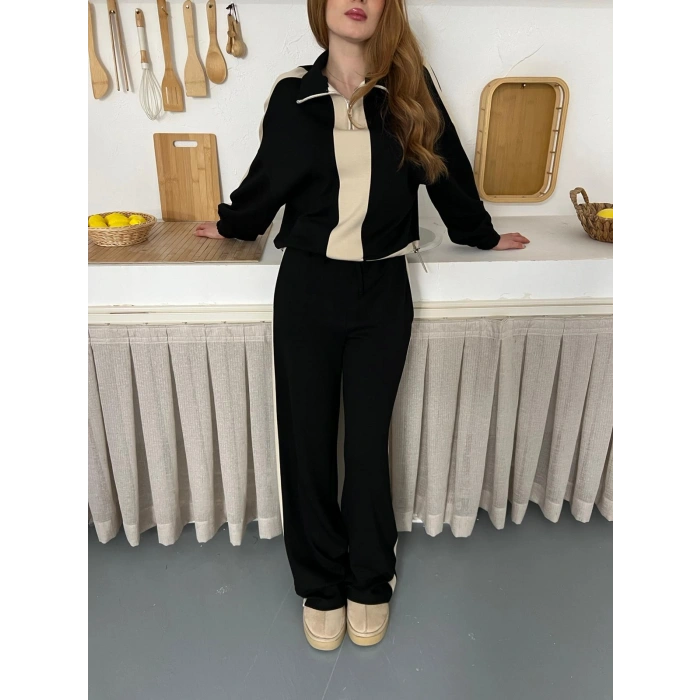 Yarım Fermuar Detaylı Şeritli Takım Siyah