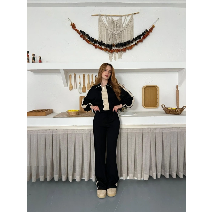 Yarım Fermuar Detaylı Şeritli Takım Siyah