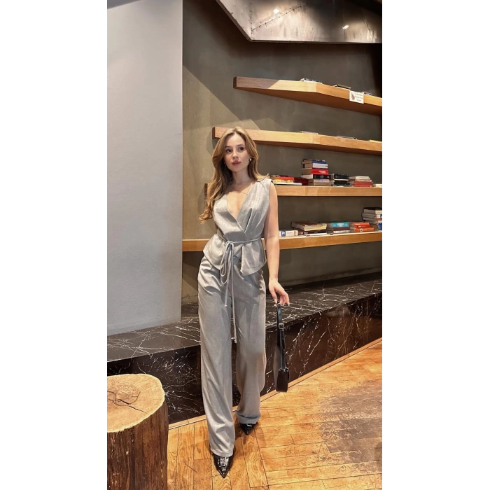 Yelekli Önden Bağlamalı Takım Gri