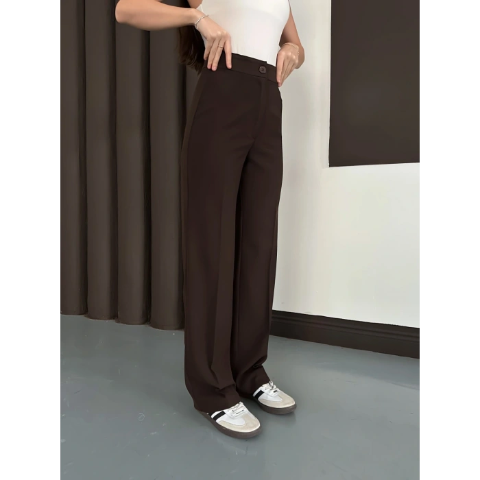 Yüksek Bel Klasik Kesim Bol Paça Pantolon Acı Kahve