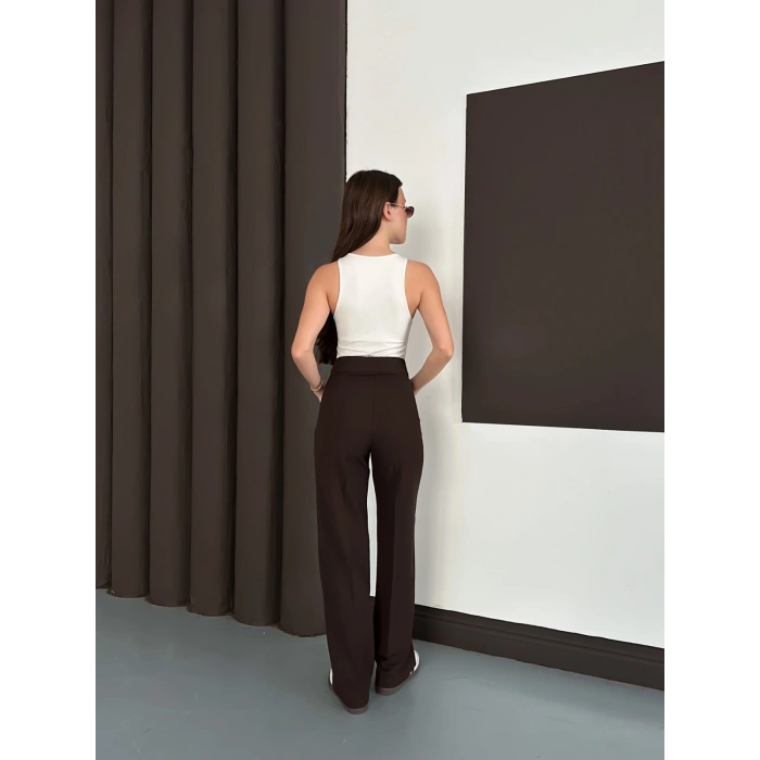 Yüksek Bel Klasik Kesim Bol Paça Pantolon Acı Kahve