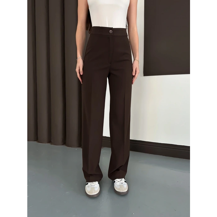 Yüksek Bel Klasik Kesim Bol Paça Pantolon Acı Kahve