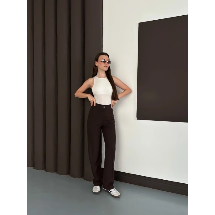 Yüksek Bel Klasik Kesim Bol Paça Pantolon Acı Kahve