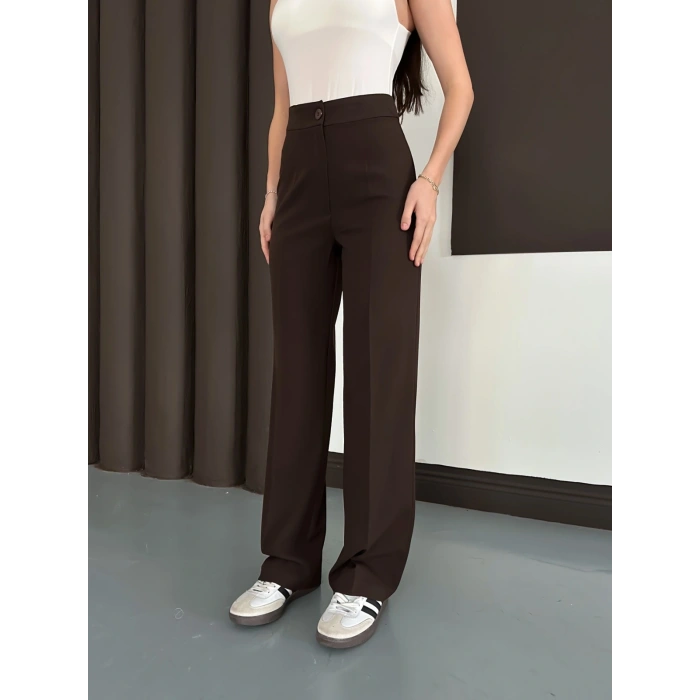 Yüksek Bel Klasik Kesim Bol Paça Pantolon Acı Kahve
