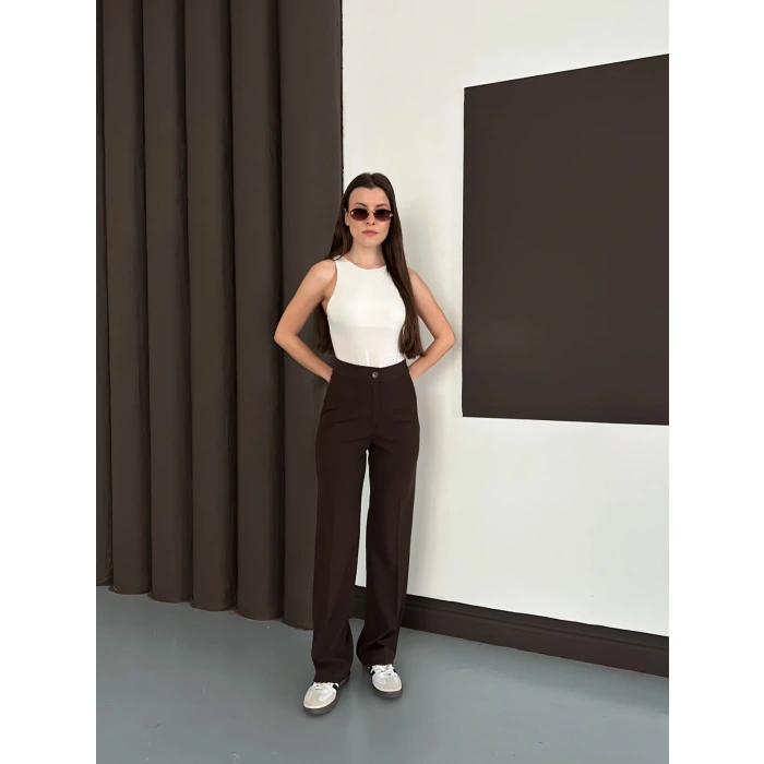 Yüksek Bel Klasik Kesim Bol Paça Pantolon Acı Kahve
