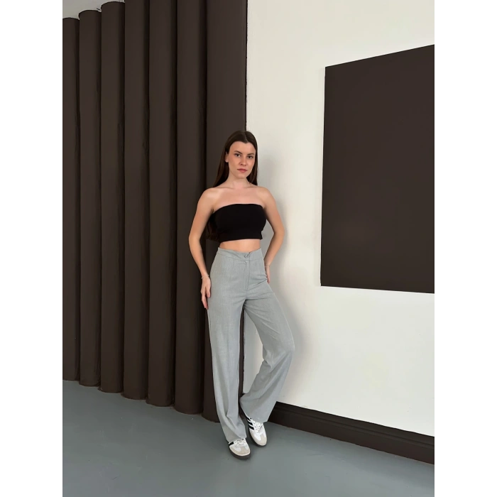 Yüksek Bel Klasik Kesim Bol Paça Pantolon Gri