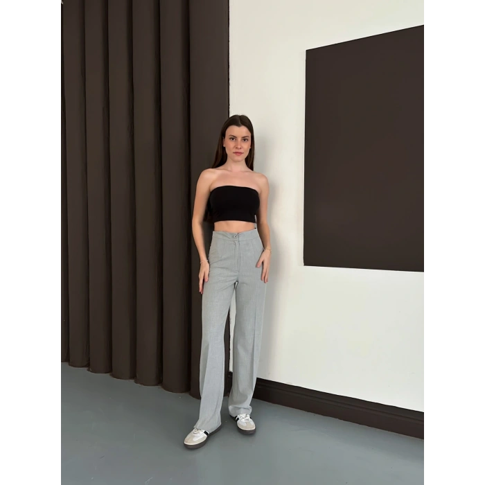 Yüksek Bel Klasik Kesim Bol Paça Pantolon Gri