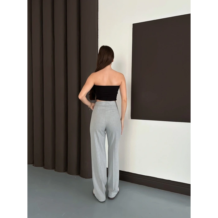 Yüksek Bel Klasik Kesim Bol Paça Pantolon Gri