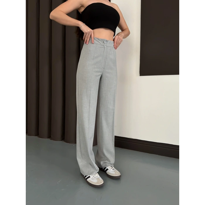 Yüksek Bel Klasik Kesim Bol Paça Pantolon Gri