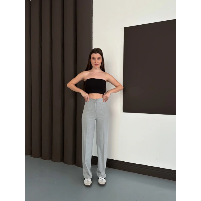 Yüksek Bel Klasik Kesim Bol Paça Pantolon Gri