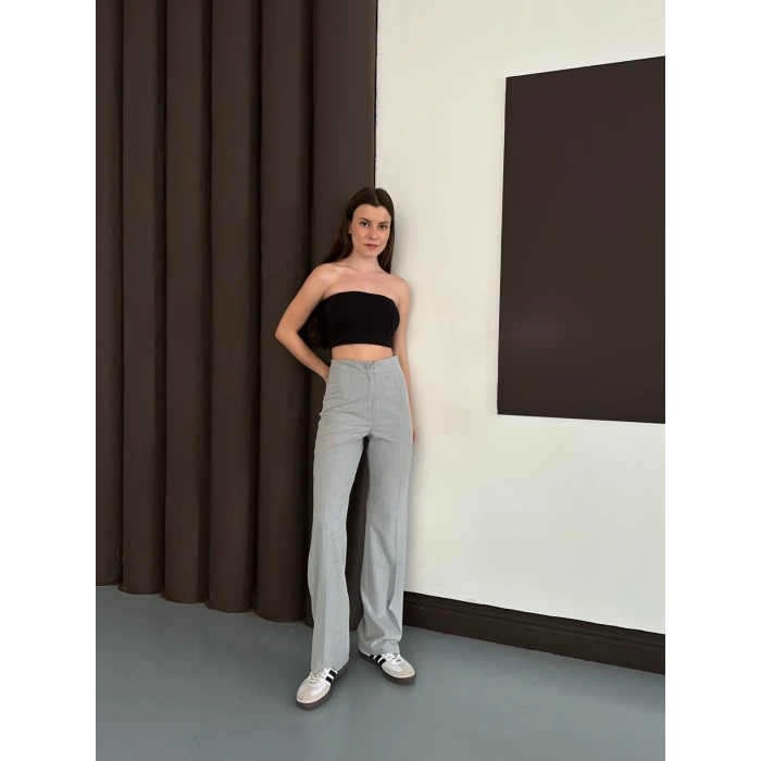 Yüksek Bel Klasik Kesim Bol Paça Pantolon Gri