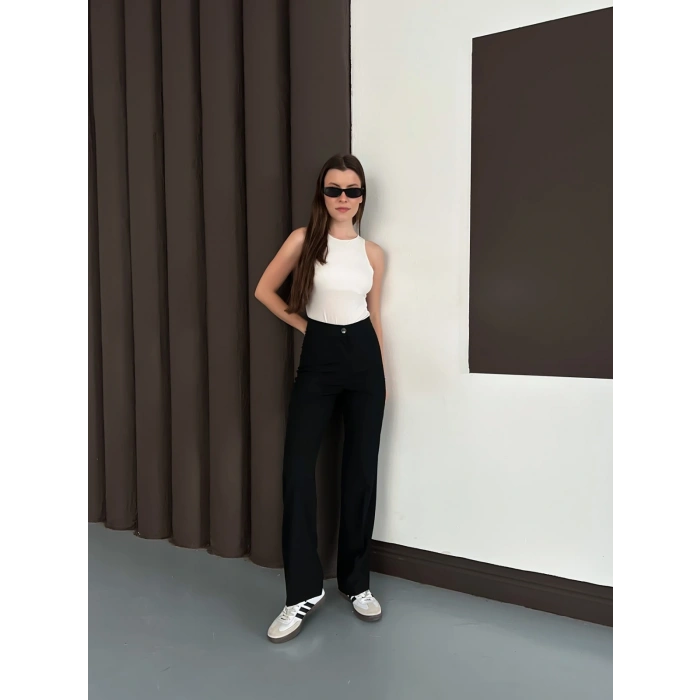 Yüksek Bel Klasik Kesim Bol Paça Pantolon Siyah