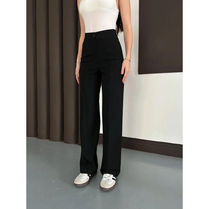 Yüksek Bel Klasik Kesim Bol Paça Pantolon Siyah