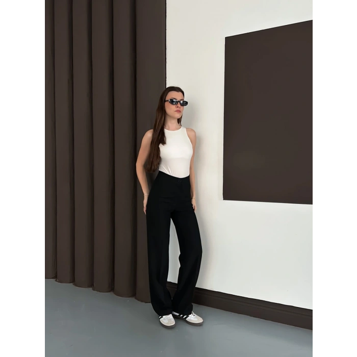 Yüksek Bel Klasik Kesim Bol Paça Pantolon Siyah