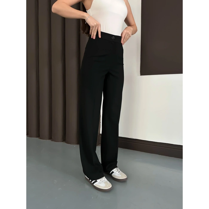 Yüksek Bel Klasik Kesim Bol Paça Pantolon Siyah