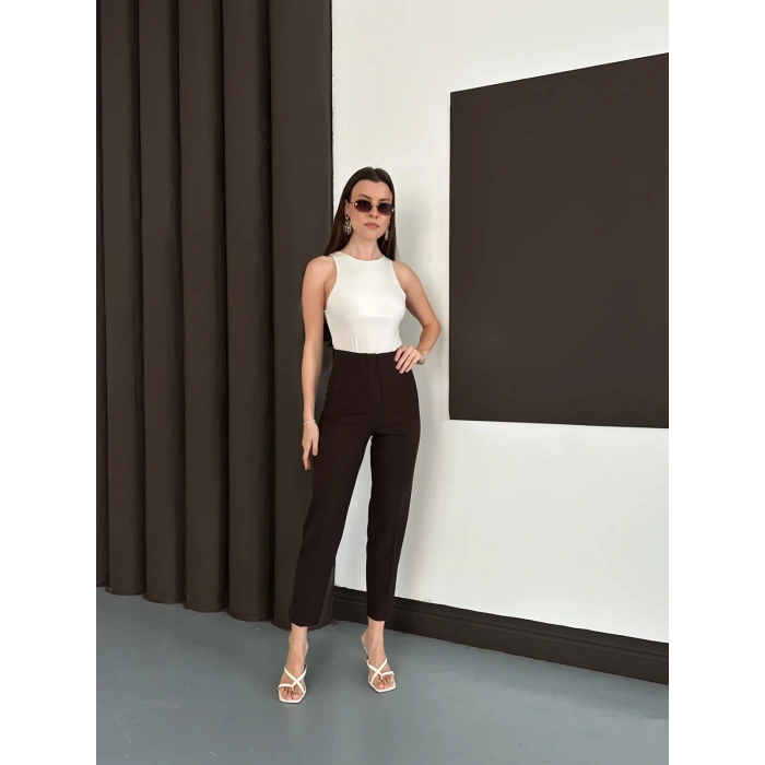 Yüksek Bel Ön Pile Detaylı Modern Tasarım Pantolon Acı Kahve