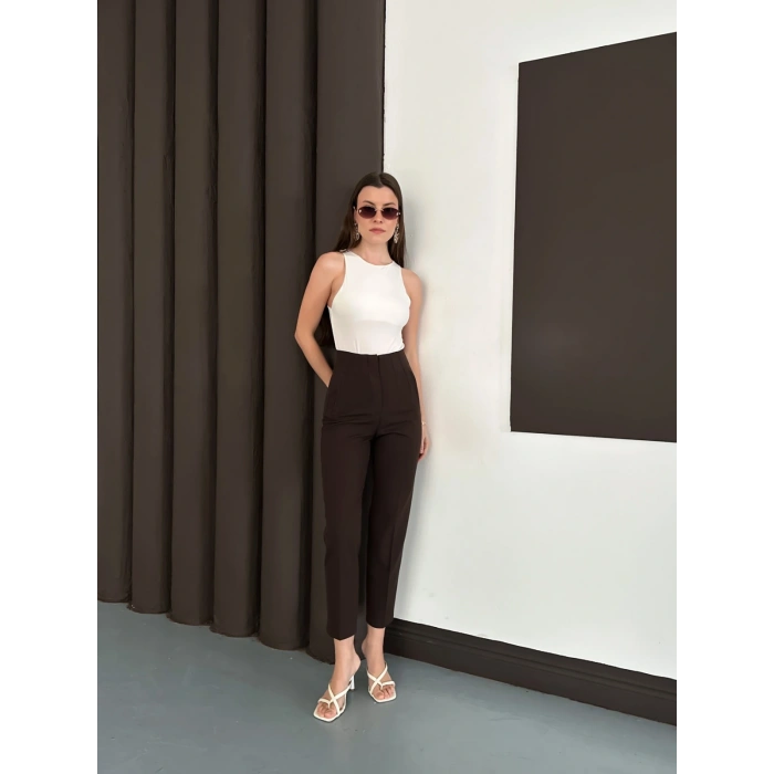 Yüksek Bel Ön Pile Detaylı Modern Tasarım Pantolon Acı Kahve