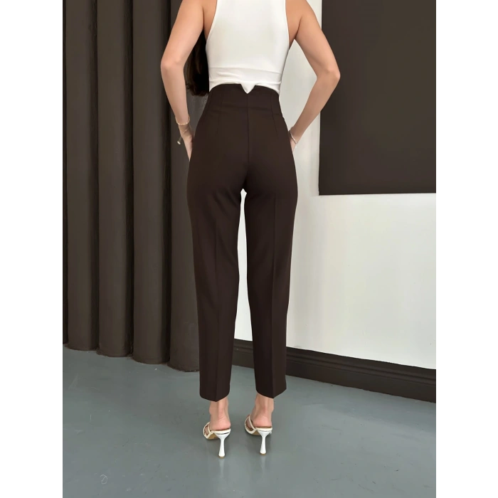 Yüksek Bel Ön Pile Detaylı Modern Tasarım Pantolon Acı Kahve
