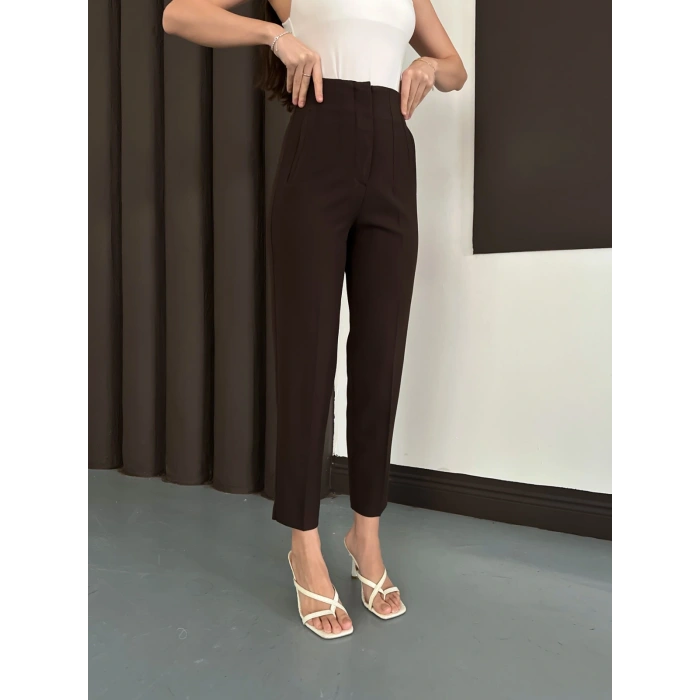 Yüksek Bel Ön Pile Detaylı Modern Tasarım Pantolon Acı Kahve