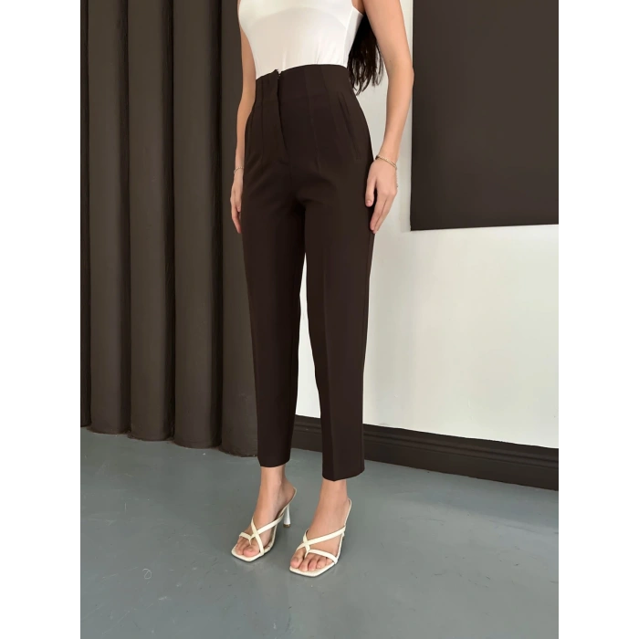 Yüksek Bel Ön Pile Detaylı Modern Tasarım Pantolon Acı Kahve