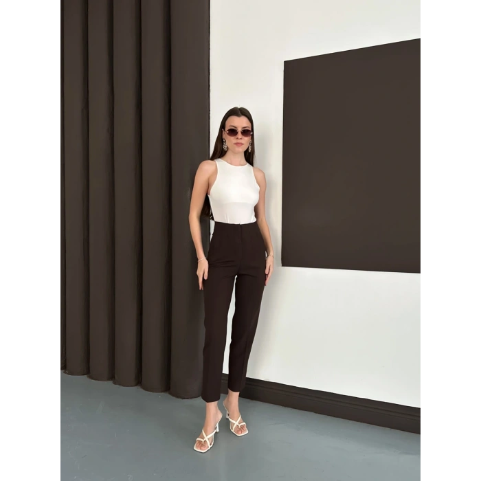 Yüksek Bel Ön Pile Detaylı Modern Tasarım Pantolon Acı Kahve
