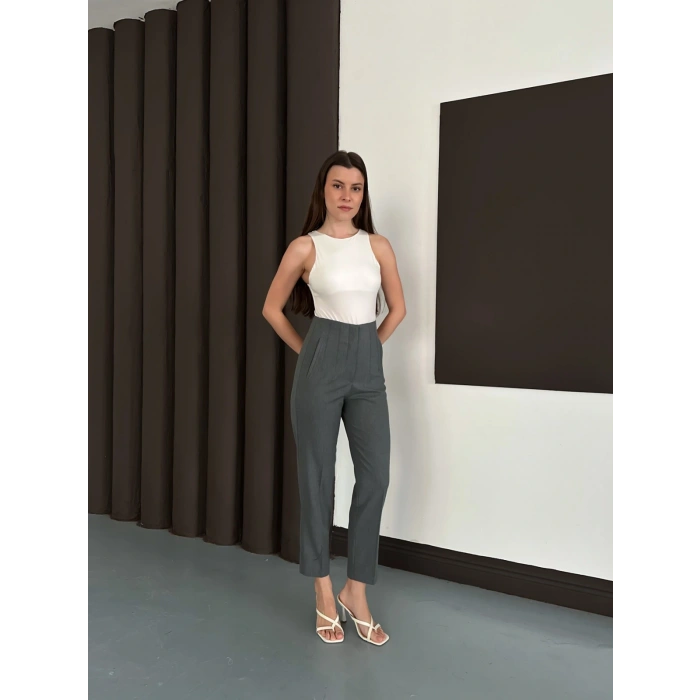 Yüksek Bel Ön Pile Detaylı Modern Tasarım Pantolon Antrasit