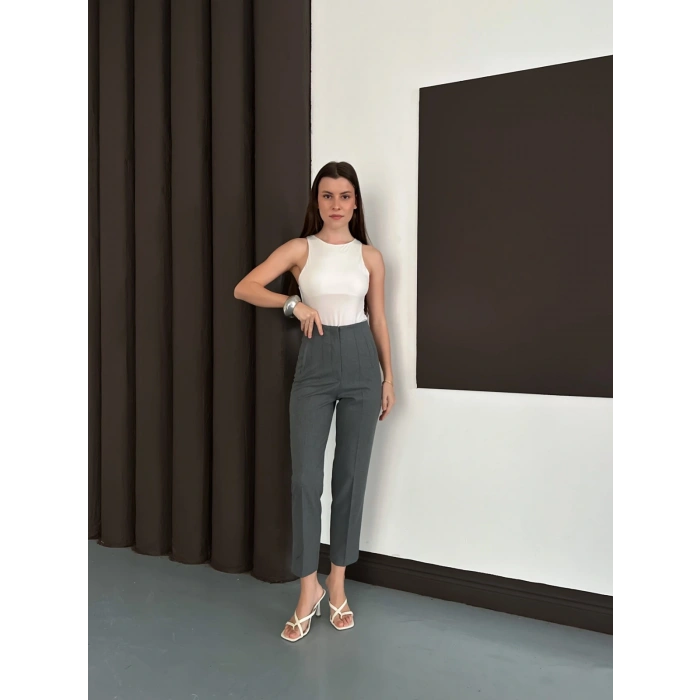 Yüksek Bel Ön Pile Detaylı Modern Tasarım Pantolon Antrasit