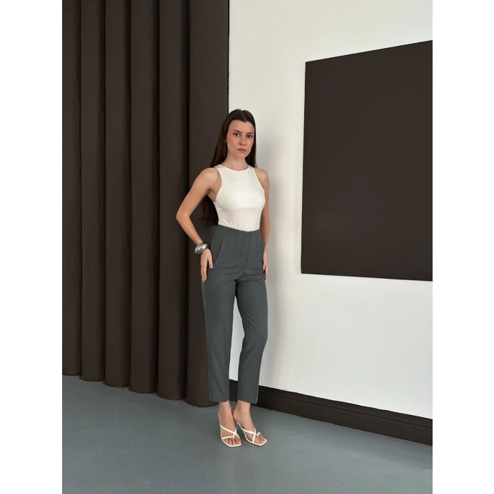 Yüksek Bel Ön Pile Detaylı Modern Tasarım Pantolon Antrasit