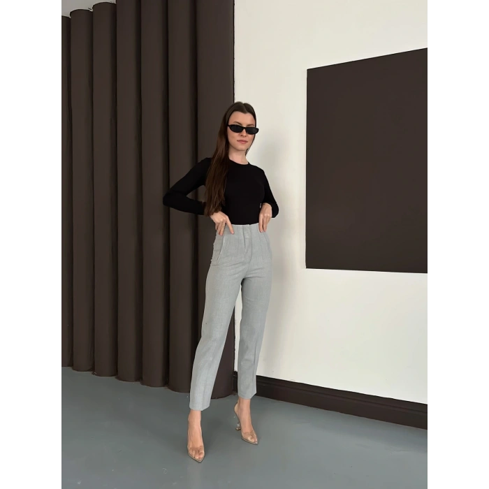 Yüksek Bel Ön Pile Detaylı Modern Tasarım Pantolon Gri