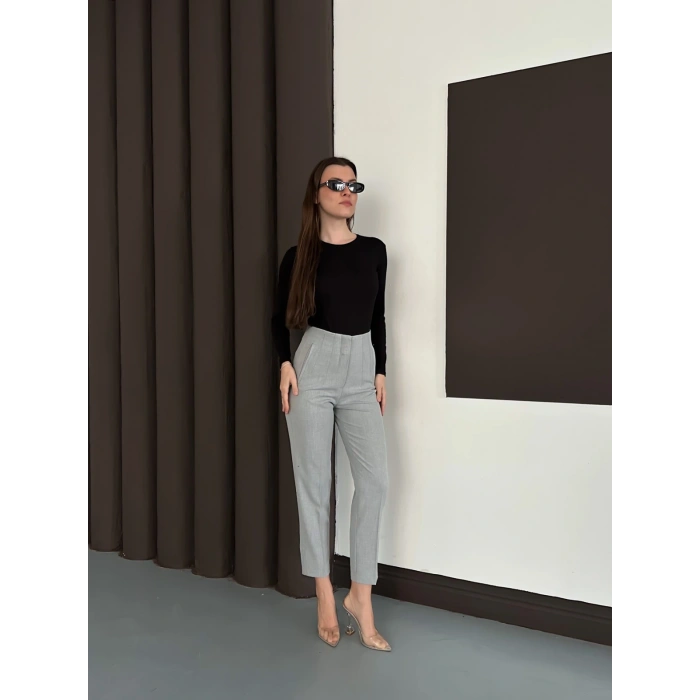 Yüksek Bel Ön Pile Detaylı Modern Tasarım Pantolon Gri