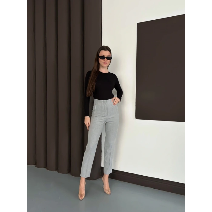 Yüksek Bel Ön Pile Detaylı Modern Tasarım Pantolon Gri