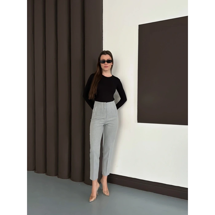 Yüksek Bel Ön Pile Detaylı Modern Tasarım Pantolon Gri