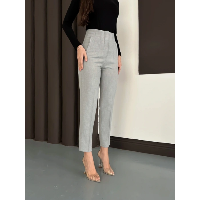 Yüksek Bel Ön Pile Detaylı Modern Tasarım Pantolon Gri