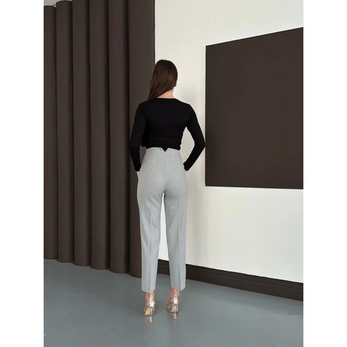 Yüksek Bel Ön Pile Detaylı Modern Tasarım Pantolon Gri
