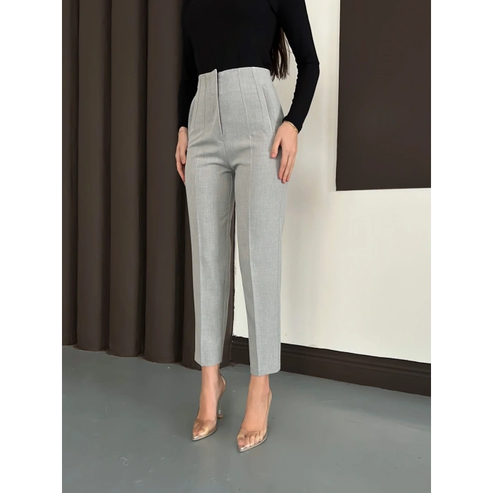 Yüksek Bel Ön Pile Detaylı Modern Tasarım Pantolon Gri