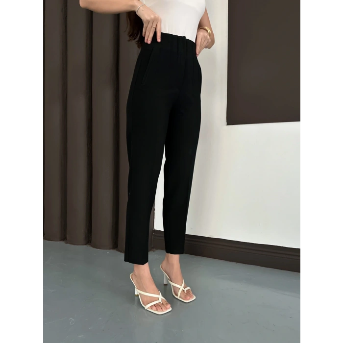 Yüksek Bel Ön Pile Detaylı Modern Tasarım Pantolon Siyah