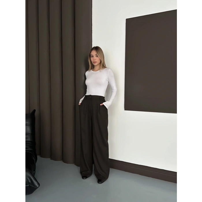 Yüksek Bel Pileli Palazzo Kumaş Pantolon Kahve