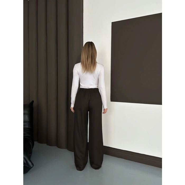 Yüksek Bel Pileli Palazzo Kumaş Pantolon Kahve