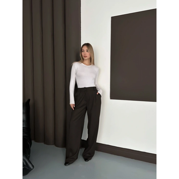 Yüksek Bel Pileli Palazzo Kumaş Pantolon Kahve