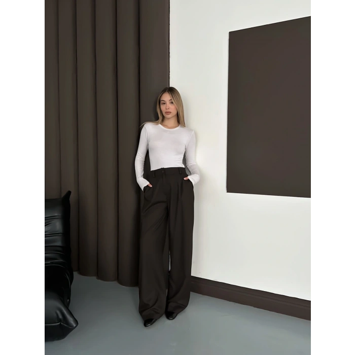 Yüksek Bel Pileli Palazzo Kumaş Pantolon Kahve