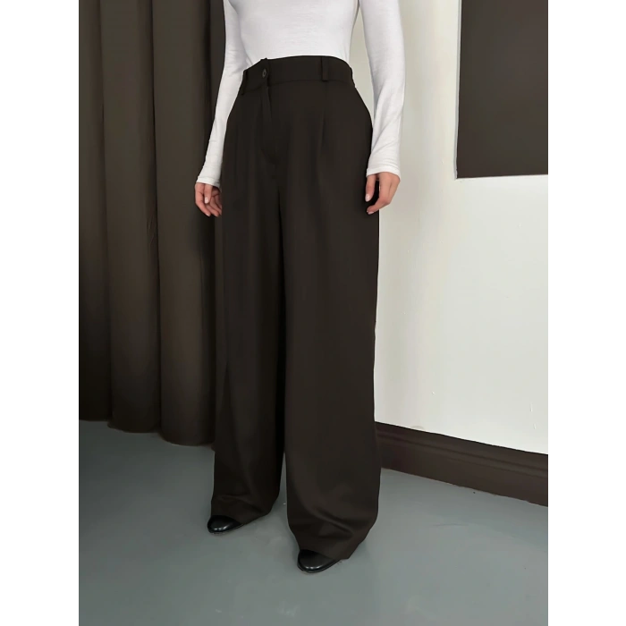 Yüksek Bel Pileli Palazzo Kumaş Pantolon Kahve