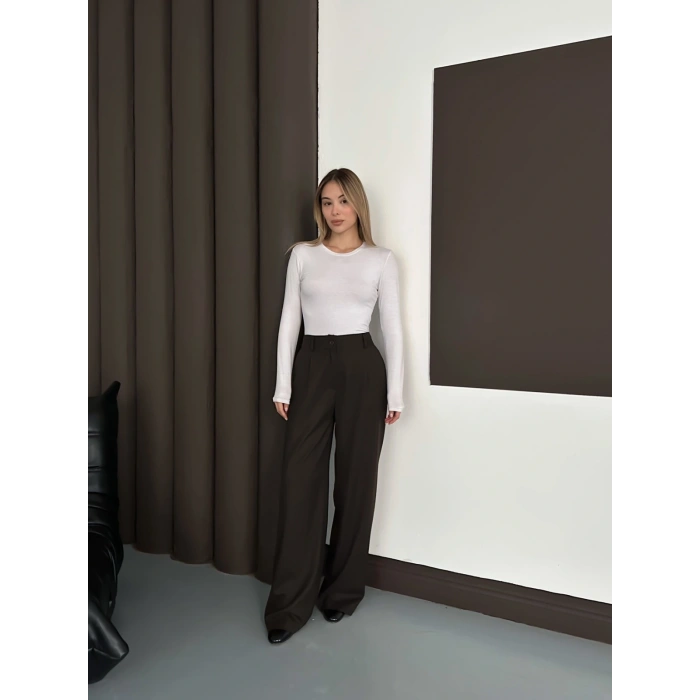 Yüksek Bel Pileli Palazzo Kumaş Pantolon Kahve