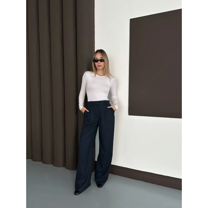 Yüksek Bel Pileli Palazzo Kumaş Pantolon Lacivert